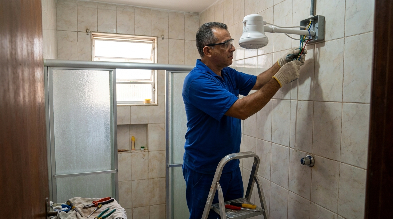 Eletricista instalando chuveiro eletrico em São José dos Campos‑SP